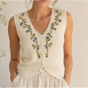 C.C. Hughes Women Vintage 90s Floral Knit Vest S Pointelle Ivory Cottagecore